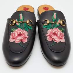 Gucci Black Leather Floral Embroidered Princetown Horsebit Flat Mules Size 39.5