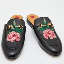Gucci Black Leather Floral Embroidered Princetown Horsebit Flat Mules Size 39.5