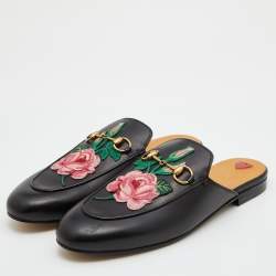 Gucci Black Leather Floral Embroidered Princetown Horsebit Flat Mules Size 39.5