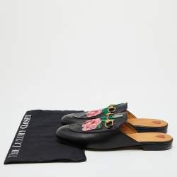 Gucci Black Leather Floral Embroidered Princetown Horsebit Flat Mules Size 39.5