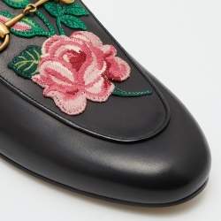 Gucci Black Leather Floral Embroidered Princetown Horsebit Flat Mules Size 39.5