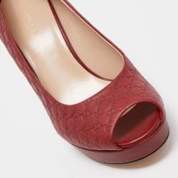 Gucci Burgundy Guccissima Leather Peep Toe Platform Pumps Size 38.5