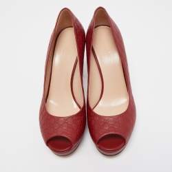 Gucci Burgundy Guccissima Leather Peep Toe Platform Pumps Size 38.5