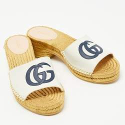 Gucci White Leather GG Espadrille Block Heel Slide Sandals Size 36.5