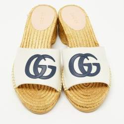 Gucci White Leather GG Espadrille Block Heel Slide Sandals Size 36.5