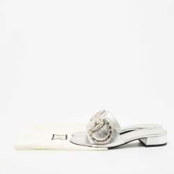 Gucci Silver Leather Crystal Embellished Maxime Slide Sandals Size 37.5