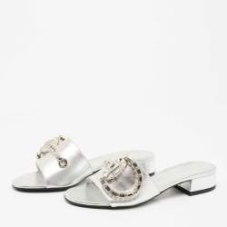Gucci Silver Leather Crystal Embellished Maxime Slide Sandals Size 37.5