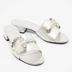 Gucci Silver Leather Crystal Embellished Maxime Slide Sandals Size 37.5