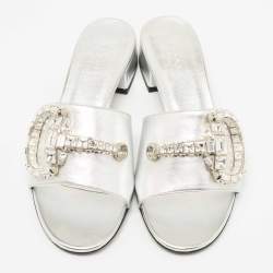 Gucci Silver Leather Crystal Embellished Maxime Slide Sandals Size 37.5