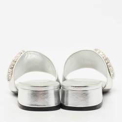 Gucci Silver Leather Crystal Embellished Maxime Slide Sandals Size 37.5