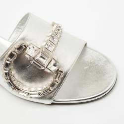 Gucci Silver Leather Crystal Embellished Maxime Slide Sandals Size 37.5
