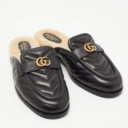 Gucci Black Matelassé Leather and Shearling Fur Lined GG Marmont Flat Mules Size 37