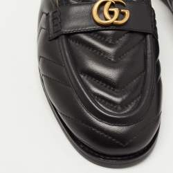 Gucci Black Matelassé Leather and Shearling Fur Lined GG Marmont Flat Mules Size 37