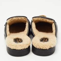 Pre Owned Gucci Black Matelassé Leather and Shearling Fur Lined GG Marmont Flat Mules Size 37