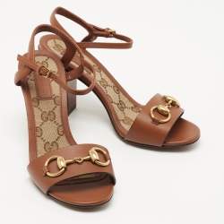 Pre Owned Gucci Brown Leather Horsebit Ankle Strap Sandals Size 34