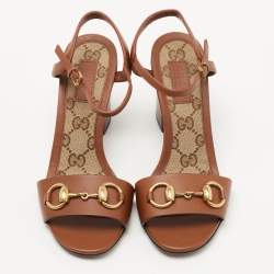 Pre Owned Gucci Brown Leather Horsebit Ankle Strap Sandals Size 34