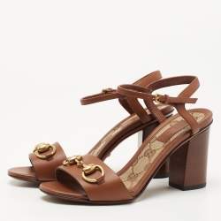 Pre Owned Gucci Brown Leather Horsebit Ankle Strap Sandals Size 34