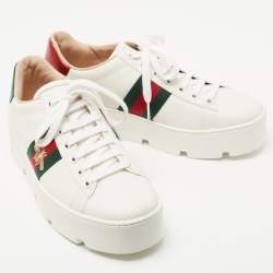 مملوكة مسبقًا Gucci White Leather Embroidered Bee Ace Platform Sneakers Size 39