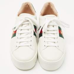 مملوكة مسبقًا Gucci White Leather Embroidered Bee Ace Platform Sneakers Size 39