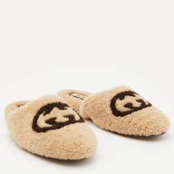 Gucci Beige/Brown Shearling Fur Interlocking G Flat Mules Size 39