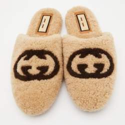 Gucci Beige/Brown Shearling Fur Interlocking G Flat Mules Size 39