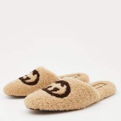 Gucci Beige/Brown Shearling Fur Interlocking G Flat Mules Size 39