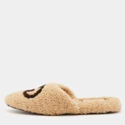 Gucci Beige/Brown Shearling Fur Interlocking G Flat Mules Size 39
