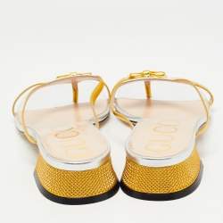 Gucci Metallic Gold/Silver Leather Alison Bow Slide Flats Size 38.5