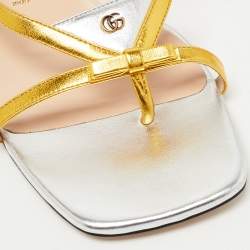 Gucci Metallic Gold/Silver Leather Alison Bow Slide Flats Size 38.5