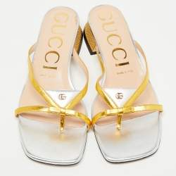Gucci Metallic Gold/Silver Leather Alison Bow Slide Flats Size 38.5