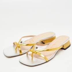 Gucci Metallic Gold/Silver Leather Alison Bow Slide Flats Size 38.5