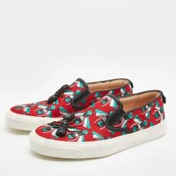 Gucci Red Bee Jacquard Fabric  and Leather Ant Embellished Slip On Sneakers Size 38