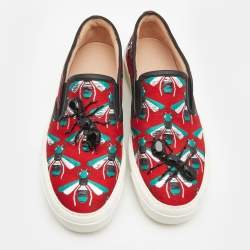 Gucci Red Bee Jacquard Fabric  and Leather Ant Embellished Slip On Sneakers Size 38