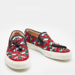 Gucci Red Bee Jacquard Fabric  and Leather Ant Embellished Slip On Sneakers Size 38