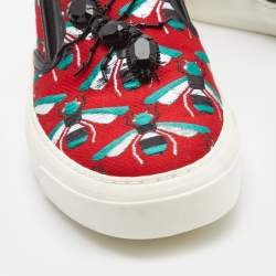 Gucci Red Bee Jacquard Fabric  and Leather Ant Embellished Slip On Sneakers Size 38