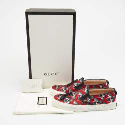Gucci Red Bee Jacquard Fabric  and Leather Ant Embellished Slip On Sneakers Size 38