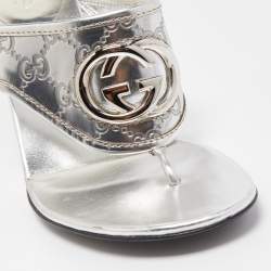 Pre Owned Gucci Silver Guccissima Leather Interlocking G Thong Sandals Size 40