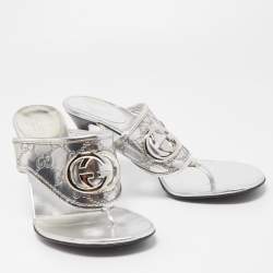 Pre Owned Gucci Silver Guccissima Leather Interlocking G Thong Sandals Size 40