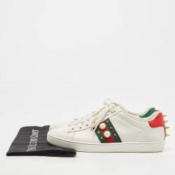 Gucci White Leather Ace Web Faux Pearl Embellished Low Top Sneakers Size 37