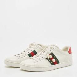 Gucci White Leather Ace Web Faux Pearl Embellished Low Top Sneakers Size 37