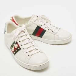 Gucci White Leather Ace Web Faux Pearl Embellished Low Top Sneakers Size 37
