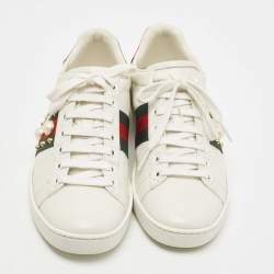 Gucci White Leather Ace Web Faux Pearl Embellished Low Top Sneakers Size 37