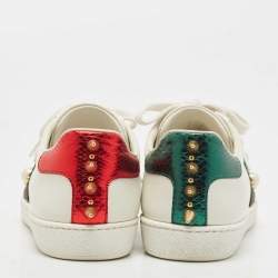 Gucci White Leather Ace Web Faux Pearl Embellished Low Top Sneakers Size 37