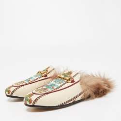 مملوكة مسبقًا Gucci Beige Canvas and Fur Princetown Mules Size 36