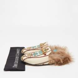 مملوكة مسبقًا Gucci Beige Canvas and Fur Princetown Mules Size 36