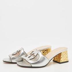 Pre Owned Gucci Silver Leather Cut Out Interlocking G Slide Sandals Size 36