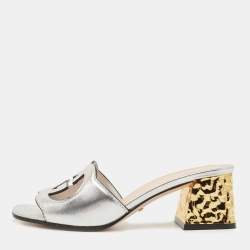 Pre Owned Gucci Silver Leather Cut Out Interlocking G Slide Sandals Size 36