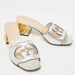 Pre Owned Gucci Silver Leather Cut Out Interlocking G Slide Sandals Size 36