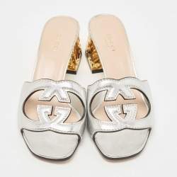 Pre Owned Gucci Silver Leather Cut Out Interlocking G Slide Sandals Size 36