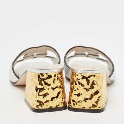 Pre Owned Gucci Silver Leather Cut Out Interlocking G Slide Sandals Size 36